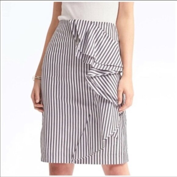 Banana Republic Midi Skirt Black White Striped Cascading Ruffle - Picture 1 of 11